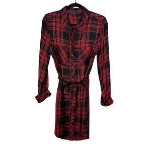 Sanctuary Small Red Black Plaid Jordane Button Front Dress Tie Front Long Sleeve